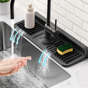 14.6 inch Faucet Mat for Kitchen Sink Splash Guard[7 Slope Fast Self-draining][Snap Lock Fit]Kitchen Sink Faucet Mat Splash Guard Kitchen Sink Area Water Splash Guard Behind Faucet Draining Mat (Black)