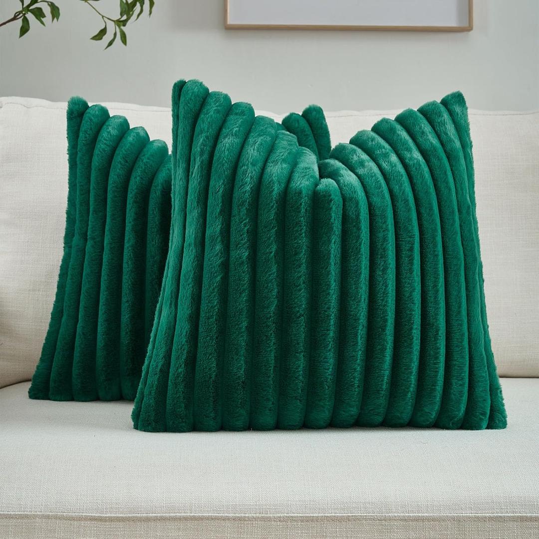 FUTEI Emerald Green Striped Decorative Throw Pillow Covers 26x26 Inch Set of 2,Square Winter Decorations Couch Euro Pillow Shams,Soft Cozy Faux Rabbit Fur & Velvet Back,Modern Home Decor for Bed