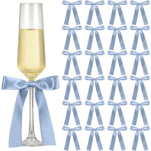 24 Pack Bows for Wine Glass Candle Holder 6.7 x 4 Inch Bow Candlestick Champagne Glass Ribbon Self Adhesive Tag Name Marker for Wedding Anniversary Party Gift Decor(Blue)