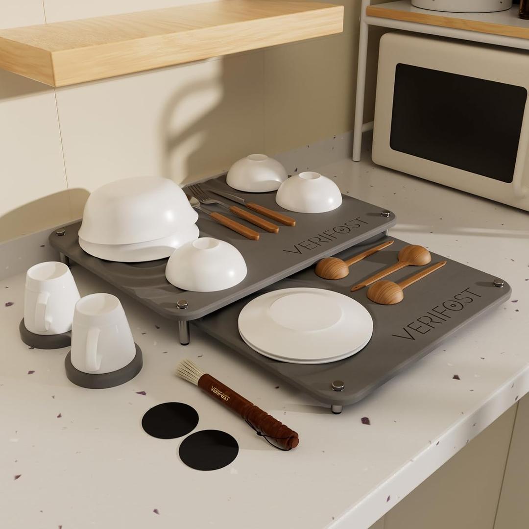 VERIFOST 2025 2PCs Large Drying Stone for Kitchen Counter, Stone Drying Mat for Kitchen Counter, Quick Drying Matt Kitchen Counter, Diatomaceous Earth Dish Mat with Non-slip Feet Midnight Gray