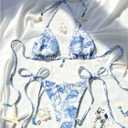 BEAUDRM Women 2 Piece Swimsuit Seashell Print Halter Triangle Thong Boho Seashell Swimwear (Blue, L)