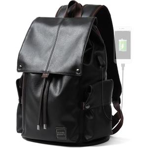 Laptop Travel Backpack For Men Vintage PU Leather Water-Resistant College School Casual 15.6" Laptop Work Backpack Gift For Male Female Black