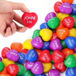 Zubebe 48 Pcs Christian Heart Stress Balls Bulk, John 3: 16 Jesus Loves You Foam Squeeze Balls, Religious Gifts for Sunday School Church Baptism First Communion Easter Vbs Party Favors (Multicolor)