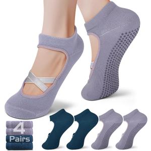 Pilates Socks with Grips for Women  Non-Slip Grip Socks for Pilates, Yoga, Barre & Dance (4-10 Short, Dark Blue and Purple)