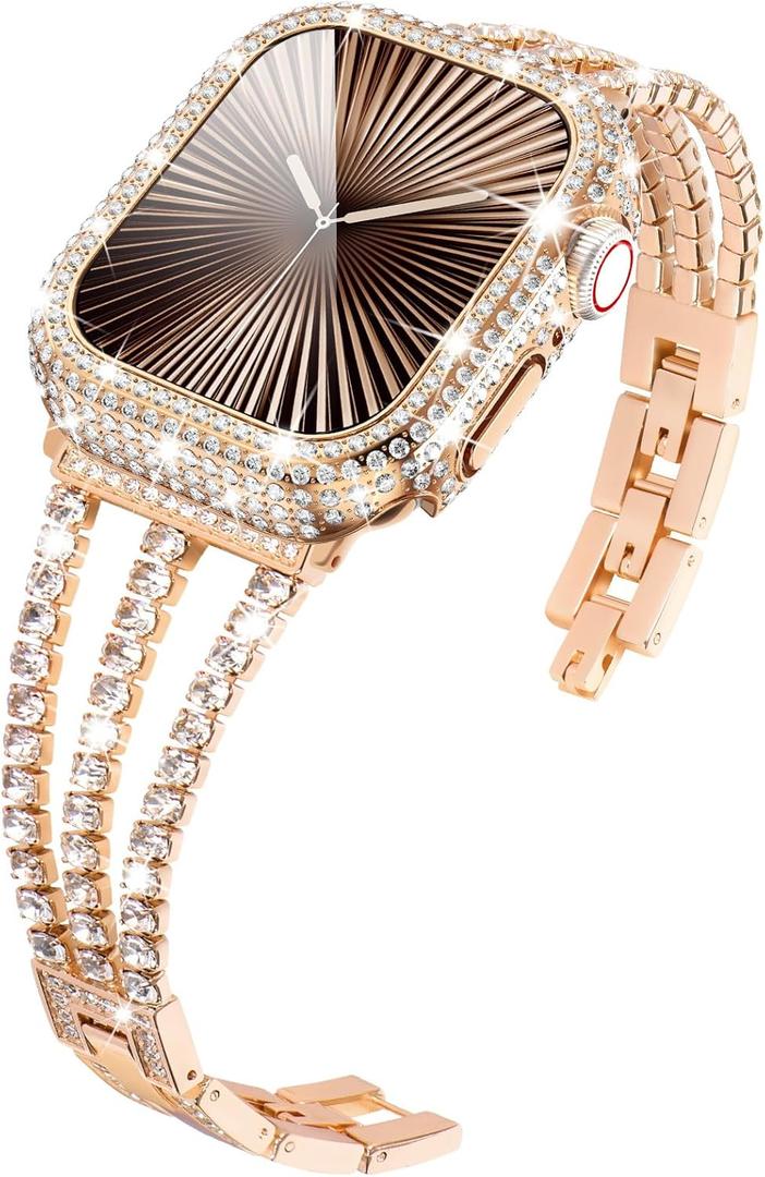 KADES Compatible for Apple Watch Series 11/10 46mm/42mm Series 9/8/7 45mm/41mm Series 6/5/4/SE 44mm/40mm Series 3/2/1 42mm/38mm, Sparkling Bling Diamond Bands with Full Diamonds Case
