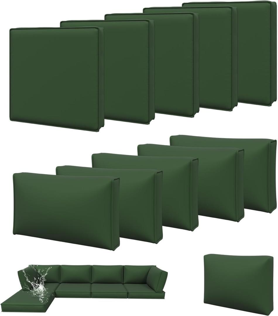 Aoxun 11pcs Patio Cushion Covers Replacement, Waterproof Outdoor Furniture Cushion Covers with Zipper and Non-Slip Bottom, Patio Sofa Couch 3 Sizes for Patio Sectional, Covers Only (Green)
