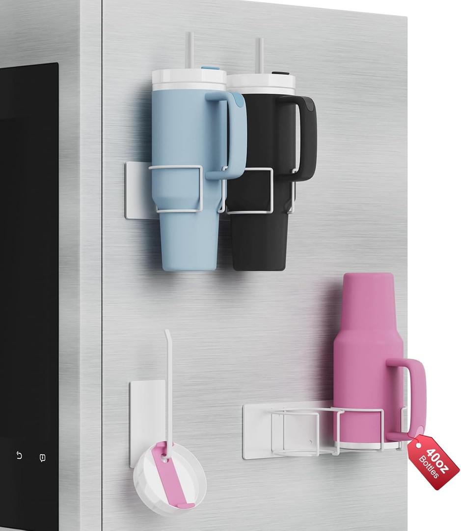 2 x Magnetic Stanley Cup Holder for Refrigerator, Water Bottle Organizer for Stanley 40 oz with Tumbler Lid Organizer, Kitchen Pantry Organizers and Storage for Stanley Cup Accessories (White)