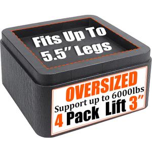 4-Pack Bed Risers 3 Inch, Oversized Fit Up to 5.5" Legs, Heavy Duty Support 6000lbs, Stackable 6/9 inch Bed Raising Blocks Furniture Sturdy Bed Lifts for College Dorm Rooms, Couches, Tables, Desks (Black)