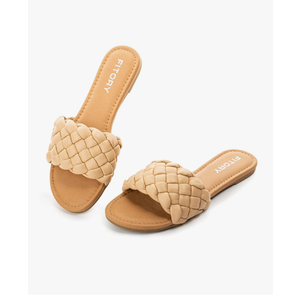 FITORY Womens Flat Sandals Fashion Round Open Toe Slip On Slides with Braided Strap Slippers for Summer Size 11
