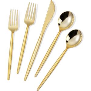MirthMood 60 PCS Gold Plastic Silverware,Gold Disposable Utensils, disposable silverware heavy duty, 20 Forks, 20 Spoons, 20 Knives, Perfect for Party, Wedding and Daily Use
