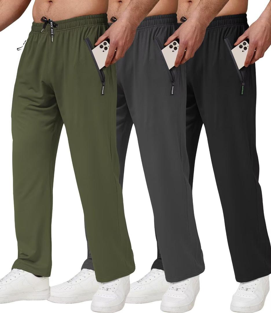 lomsoe 3 Pack Men's Athletic Pants with Zip Pockets, Lightweight Workout Sweat Pants Gifts for Men (Green, L)