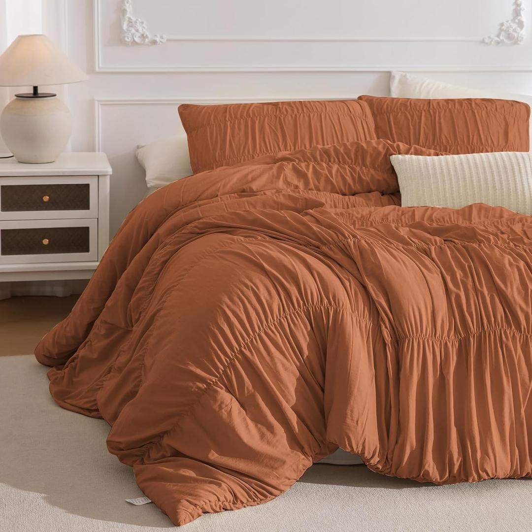 Masaca Pumpkin Color Comforter Queen Size(90"x95"),Shabby Boho Queen Bedding Ruched Comforter Set,3Pcs Ultra Soft Fluffy Brown Orange Ruffle Comforter Sets for Queen Bed