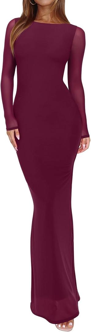 REORIA Women's Spring Mesh Sheer Long Sleeve Wedding Guest Dress Sexy Floral Bodycon Maxi Long Dresses (Medium, Cordovan)