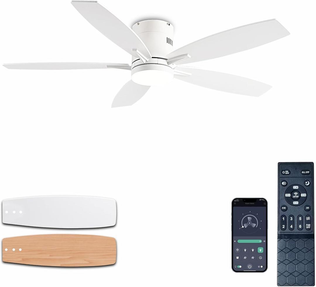 Ayaoty Ceiling Fans with Lights, 52" Low Profile Indoor Ceiling Fan with Light and Remote Control, Dimmable, Noiseless, Reversible, White Ceiling Fan for Bedroom, Indoor/Outdoor Use, White