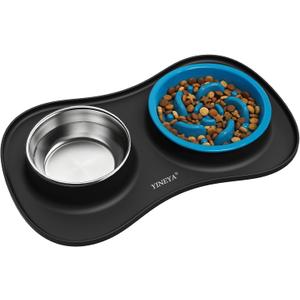 Dog Bowls Set 3 in 1, Anti Gulp Dog Bowl, Cat Bowls, Includes a Foldable Dog Bowl Mat, Suitable for Dry and Wet Food and for All Dog / Cat Breeds