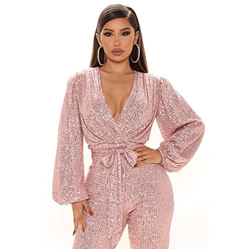 Long Sleeve Women Jumpsuit Deep V-neck Long Leg Pant Bling Shiny Sequin Party Romper (S, Pink)