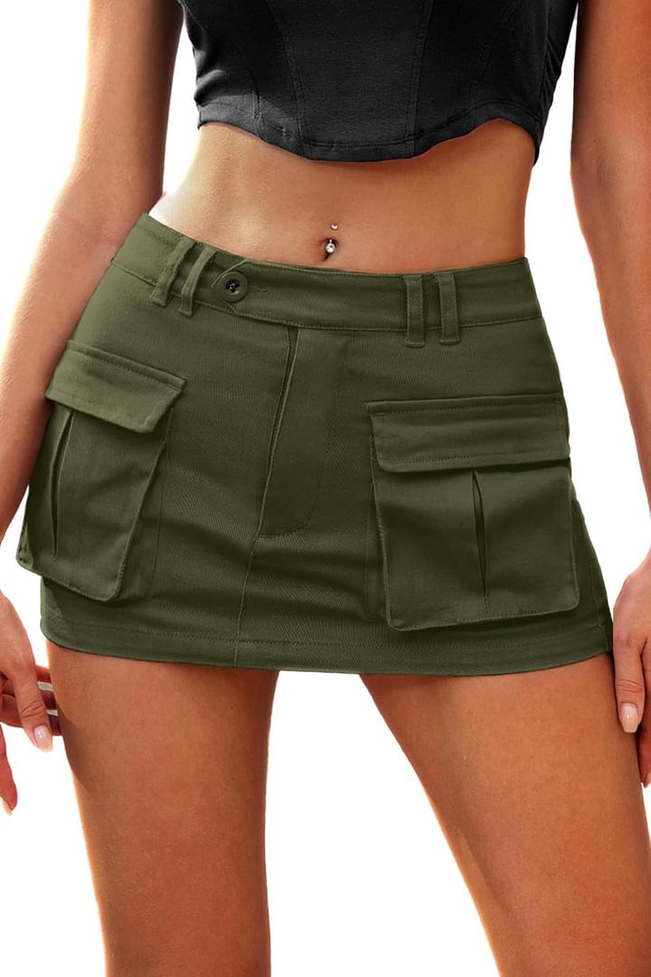 ELLEVEN Women's Low Waist Mini Cargo Skirt Y2K, High-Stretch Bodycon Button Denim Skirt with Pockets (Green, M)