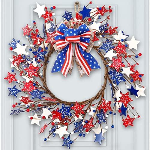 Enhon 24 Inch 4th of July Wreath, Large Patriotic Wreath for Front Door, Red White Blue Wooden Star with Bow Patriotic Decorations for Memorial Day American Independence Day
