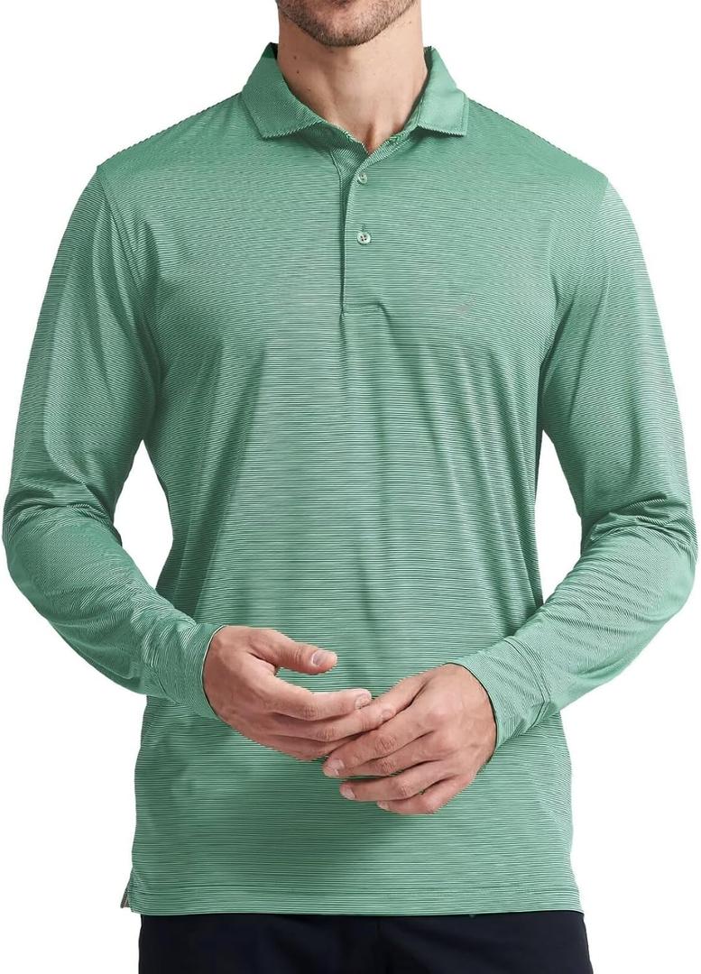 MICHEL ROUEN Golf Shirts for Men Short Sleeve Lightweight Quick Dry Pin Striped Casual Collared Polo Shirts (L)