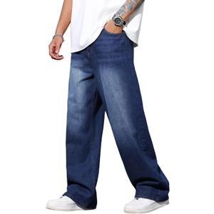 Men's Baggy Jeans Y2K Vintage Wide Leg Denim Pants Trousers | Hip Hop Loose Fit Skater Jeans 2000s Streetwear (Blue, S)