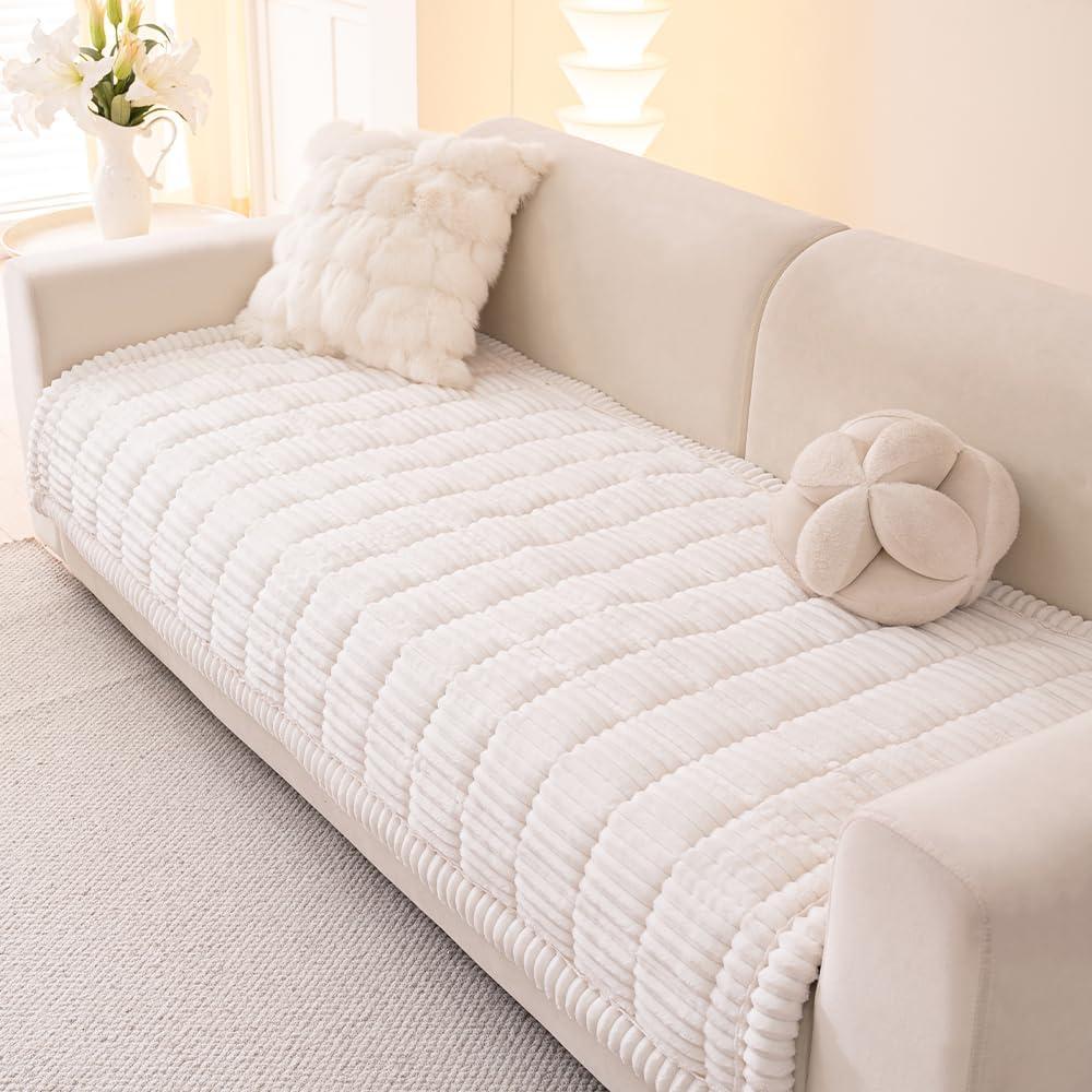 Couch Cover for Dogs Washable, Fuzzy Pet Couch Covers for 3 Cushion Sofa Pet Friendly, Non Slip Sofa Cover (White, 35" x 82.7"/90 x 210cm)