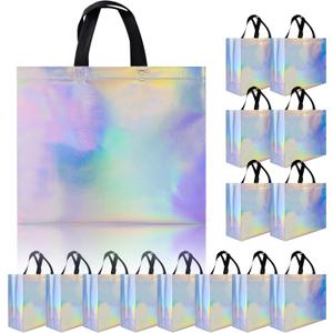 Glossy Iridescent Gift Bags 15 Pcs, 12.6x4.7x11 In Non-woven Reusable Goodie Bags Bulk, with Black Handles & Sturdy Base, Christmas Gift Bags for Birthday, Wedding, Easter, Holiday Party (1 Count (Pack of 15))