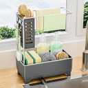 Kitchen Sink Caddy with Stainless Steel Miniature Towel Rack, Handy Sponge Holder for Kitchen Sink with Extending Drain Spout, No-Tool Assembly Space Saver for sink Countertop Accessories(Gray)