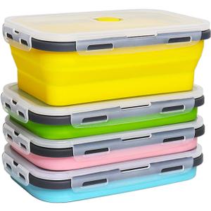 Collapsible Silicone Food Storage Container Set of 4, Collapsible Meal Prep Lunch Containers(40.5 Oz), Stackable, Space Saving (Blue, Green, Pink, Yellow)