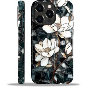 Magnetic Case for iPhone 15 Pro Max,Compatible with Magsafe,PC Hard Shell & Silicone Inner Bumper,Shockproof Full-Body Cover for iPhone 15 Pro Max Case - Stained Glass Unique Magnolia
