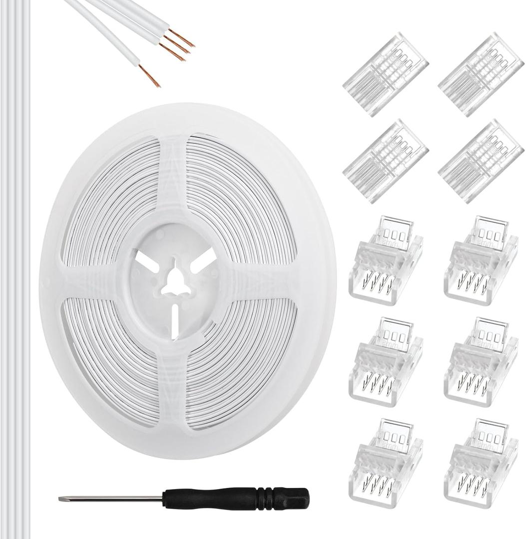 RGBZONE 10Pcs 8mm 4 Pin LED Strip Connectors and 32.8ft 4 Pin RGB Extension Cable Strip to Wire Quick Connection for Waterproof or Non-Waterproof 8mm Wide SMD RGB 5050 LED Strip Lights(IP20/IP65) (4pin 8mm kit)
