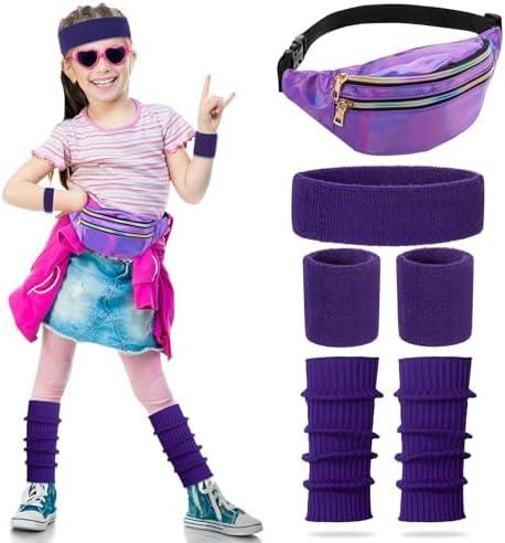 ONUPGO Neon Leg Warmers for Girls 80s Outfit for Kids Ribbed Knit Leg Warmers Fitness Headband Wristbands for 80s Costume