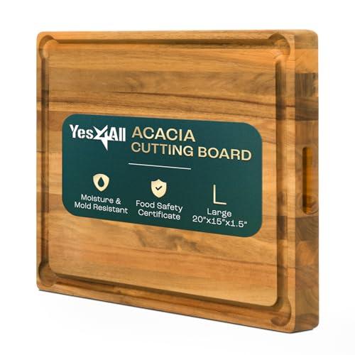 Yes4All Durable Acacia Cutting Boards for Kitchen, [20''Lx15''Wx1.5” Thick] Large Edge Grain Cutting Board, Pre Oiled Wood Cutting Boards, Thick Chopping Board w/Juice Grooves and Easy Grip Handle