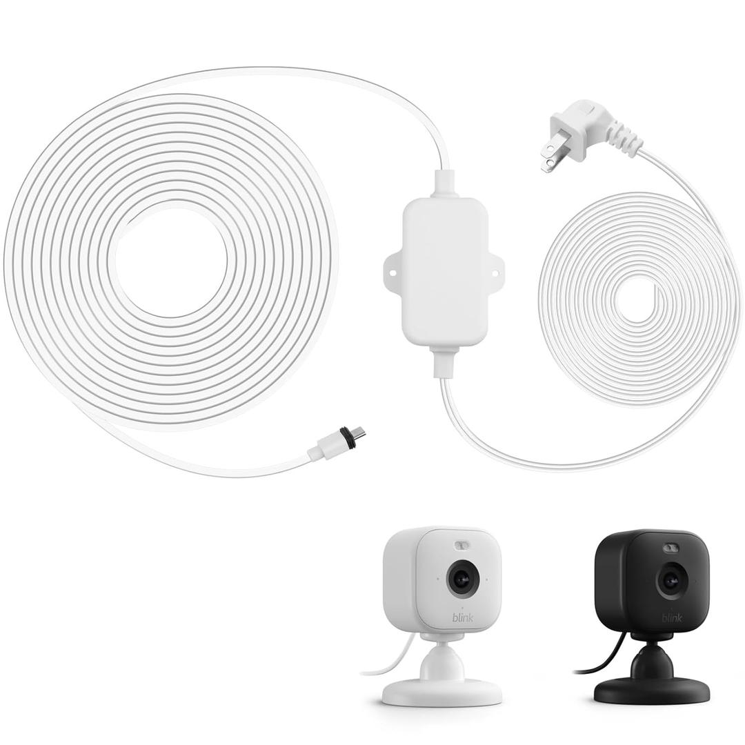 30ft Weather Resistant Power Adapter for Blink Mini 2,Blink Outdoor 4 (4th Gen)(3rd Gen)/Mini,No Need Charger Head,IP67 Waterproof Flat Power Cable with Extra Type C to Micro USB Adapter White 1Pack