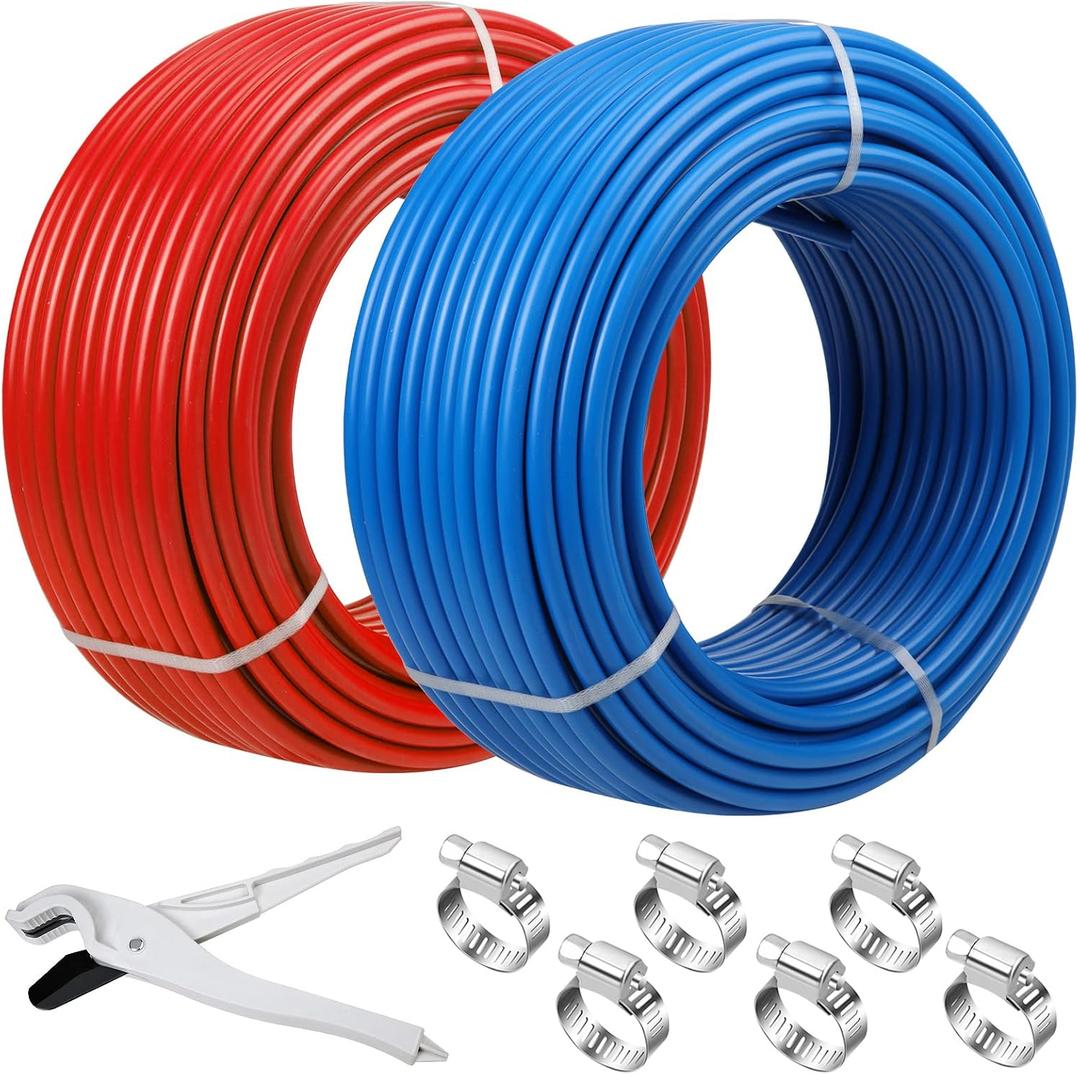 PEX Pipe 1/2 Inch 300ft 2 Rolls PEX Tubing EVOH pex-B pipe Non Oxygen Barrier Durable Leakage-Proof Flexible for Residential Water Lines in Homes Pex Radiant Heat Tubing(Red+Blue)