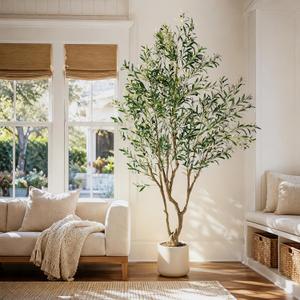 Large Artificial Trees Tall Faux Olive Trees with Pot Indoor Outdoor Realistic Floor Fake Plastic plantas for Home Living Room Office Porch Outside Patio Modern Farmhouse Decor Housewarming Gift, 7ft