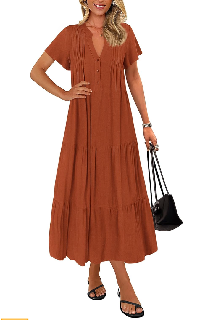 KIRUNDO Summer Maxi Dresses for Women 2025 Spring Fashion Short Sleeve Button V Neck Pleated Loose Tiered Swing Flowy Dress, XXL