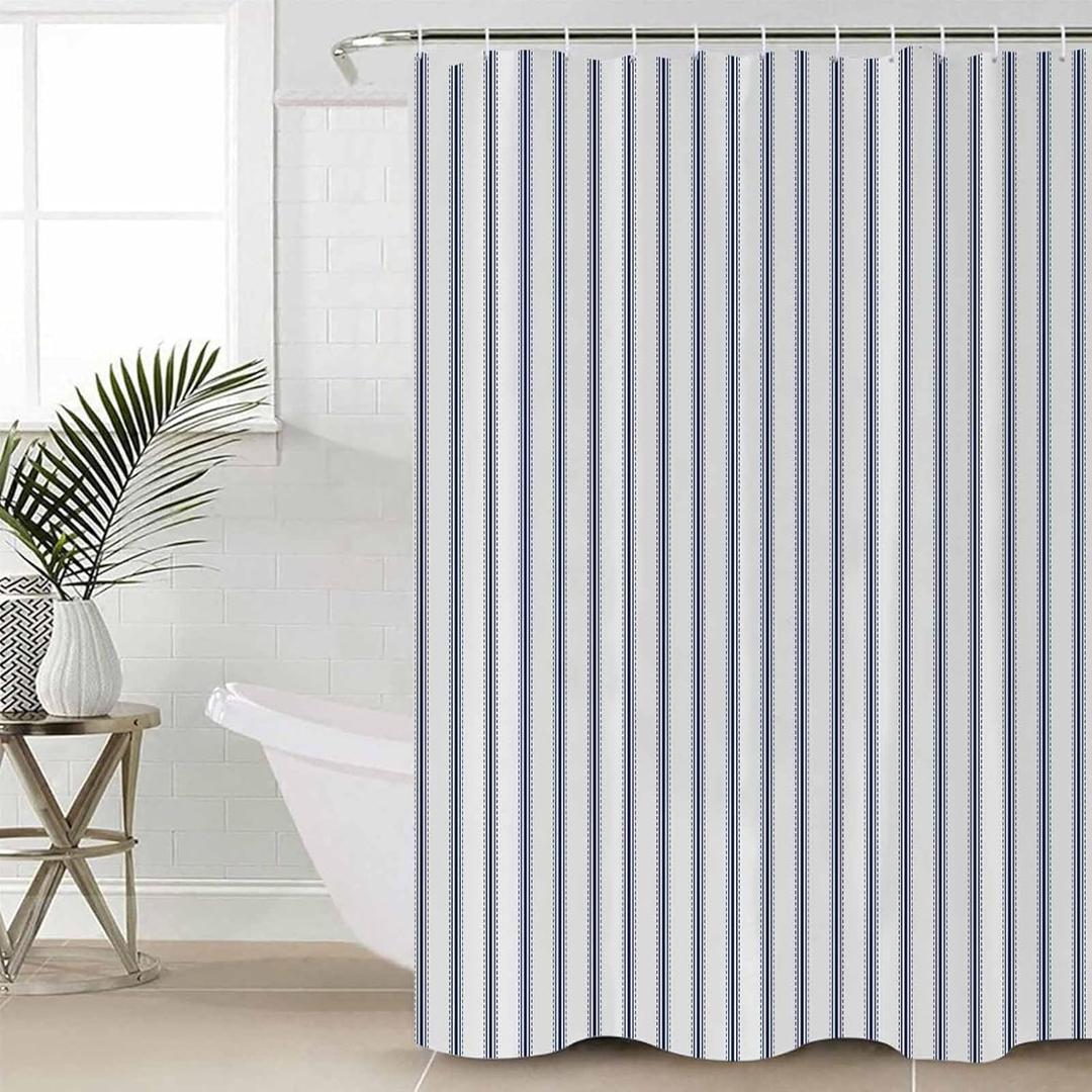 Navy Blue Striped Shower Curtain Set - Long 72" x 84" Washable Bathtub Curtain with 12 Hooks, Navy Blue White Stripes Farmhouse Waterproof Fabric Stall Shower Curtains for Bathroom/Bathtub