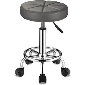 Swivel Stool with Wheels Round Rolling Stools PU Leather Height Adjustable Grey