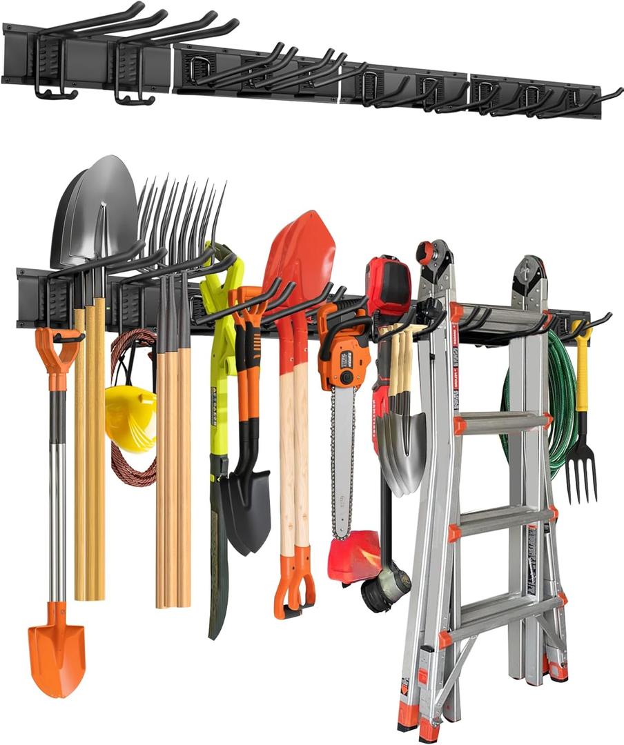 PIYILO 64 inches Garage Tool Organizer Wall Mount, Heavy Duty Garden Tool Organizer Rack, Hanging Storage Organization Racks Holder with 10 Hooks, for Lawn Tools, Shovel, Shed