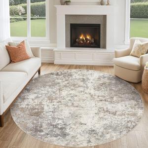 6ft Round Area Rug Living Room Rugs - 6x6 Washable Neutral Modern Abstract Soft Thin Rug Indoor Floor No Slip Rug Carpet for Bedroom Under Dining Table Home Office Decor - Brown Grey