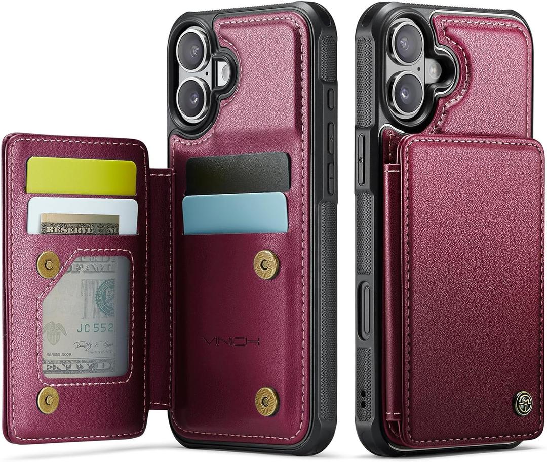 Vinich for iPhone 16 Wallet Case with Card Holder, RFID Blocking Credit Slots Kickstand Shockproof Phone Cover Fit for iPhone 16 6.1" Wine Red