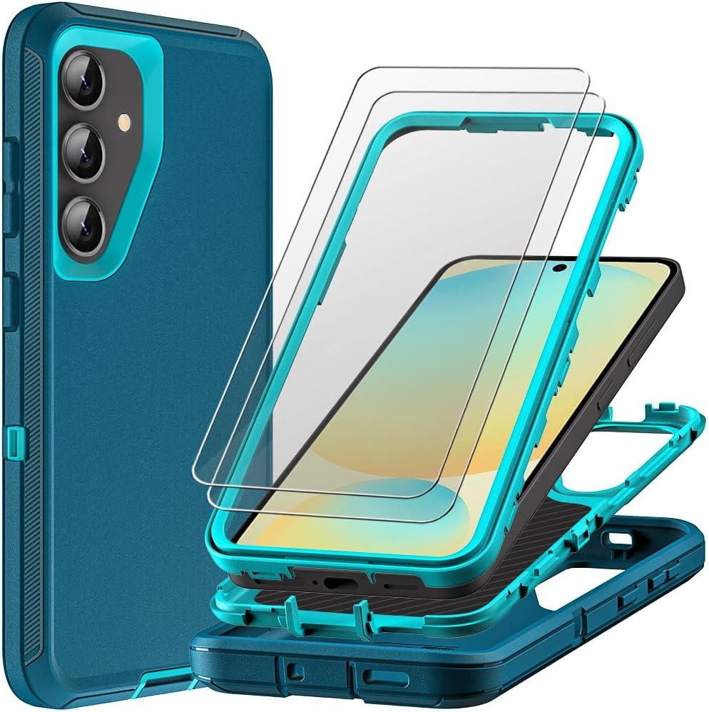 for Samsung Galaxy S24 FE Case with 2Pcs Tempered Glass Screen Protector, Military Grade 3 in 1 Heavy Duty Shockproof/Drop Proof/Dust Proof Case (Blue/Turquoise)