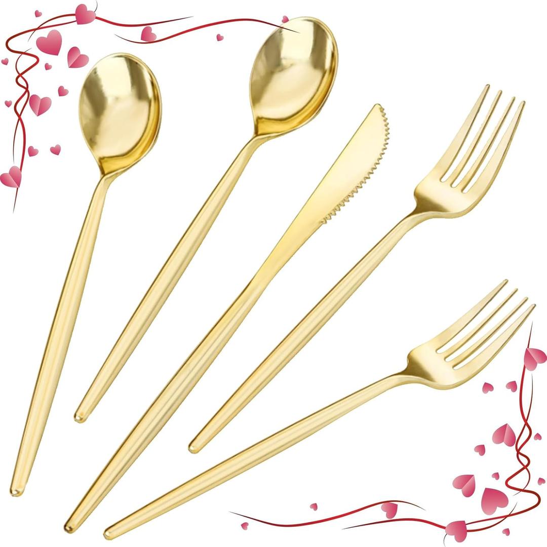 LIYH 360 Pcs Gold Plastic Silverware - Elegant Gold Silverware Disposable Utensils Set for Weddings, Parties & Events - Includes Forks, Spoons, Knives, Cutlery Tableware