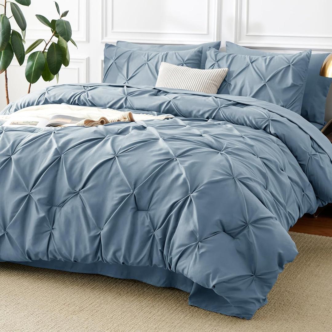 CozyLux King Size Comforter Set Mineral Blue, 7 Pieces Pintuck Bed in A Bag Blue Comforter King Size, Pinch Pleat Bedding Set with All Season Comforter, Flat Sheet, Fitted Sheet, Pillowcases & Shams