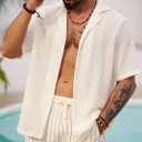 Mens Crochet Shirts Summer Fashion Knit Mesh Button Down Casual Cuban Top (S-XXL) (Beige, XL)
