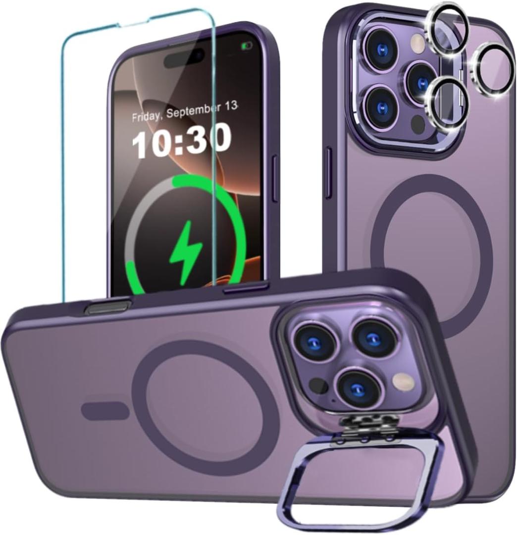 for iPhone 16 Pro MagSafe Case with Metal Camera Stand Ring Sturdy, Ultra Magnets Matte Translucent Slim Shockproof with 1 Screen 1 Camera Lens Protector for iPhone 16 Pro 6.3"(Deep Purple)