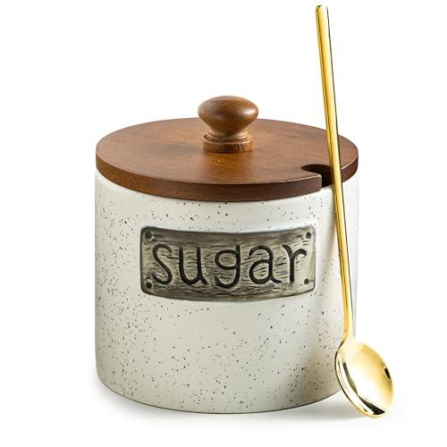 LYEOBOH Ceramic Sugar Bowl with Lid and Spoon, 15 OZ Sugar Holder for Coffee Bar Accessories, Sugar Jar for Countertop, Azucarera Farmhouse Home and Kitchen, White