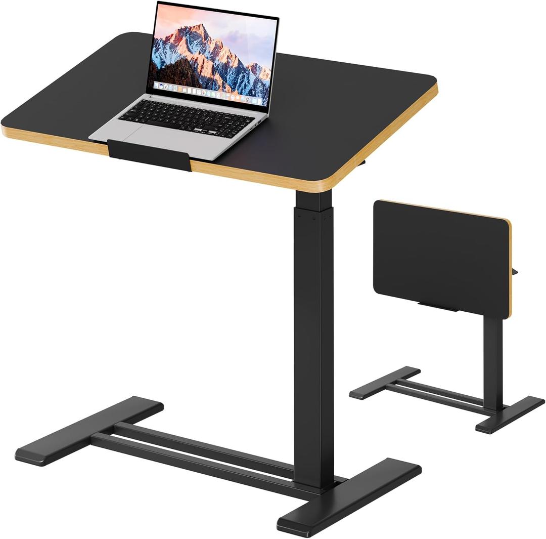 SANODESK Medical Adjustable Overbed Bedside Table with Casters 90 Tilt Top Pneumatic Mobile Rolling Laptop Computer Standing Desk Cart with Tray, Hospital and Home Use(27.6" W x 15.7" D, Black) (Small)