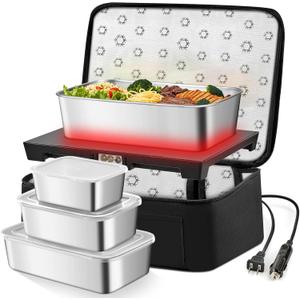 Portable Oven with 3 Lunch Boxes Electric Food Warmer 12V/24V/110V 3-in-1 Car Mini Food Heater Heated Lunch Box for Men Women Adults Work Car Truck Travel Office Home Use Black