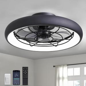 Ceiling Fans with Lights and Remote, 20 Inch Low Profile Ceiling Fans Flush Mount Fan with LED Lights, Small Modern Ceiling Fans with 6 Wind Speeds Dimming for Kids Bedroom Living Room (Black01)